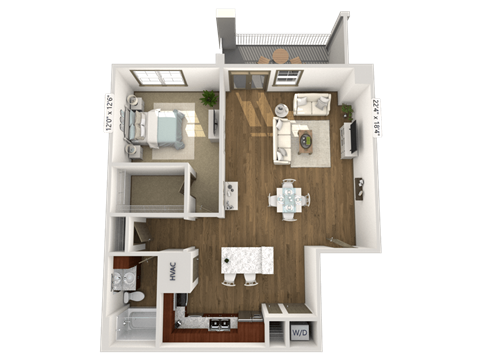 Floor plan for 1 bed, 1 bath, 990 sqft